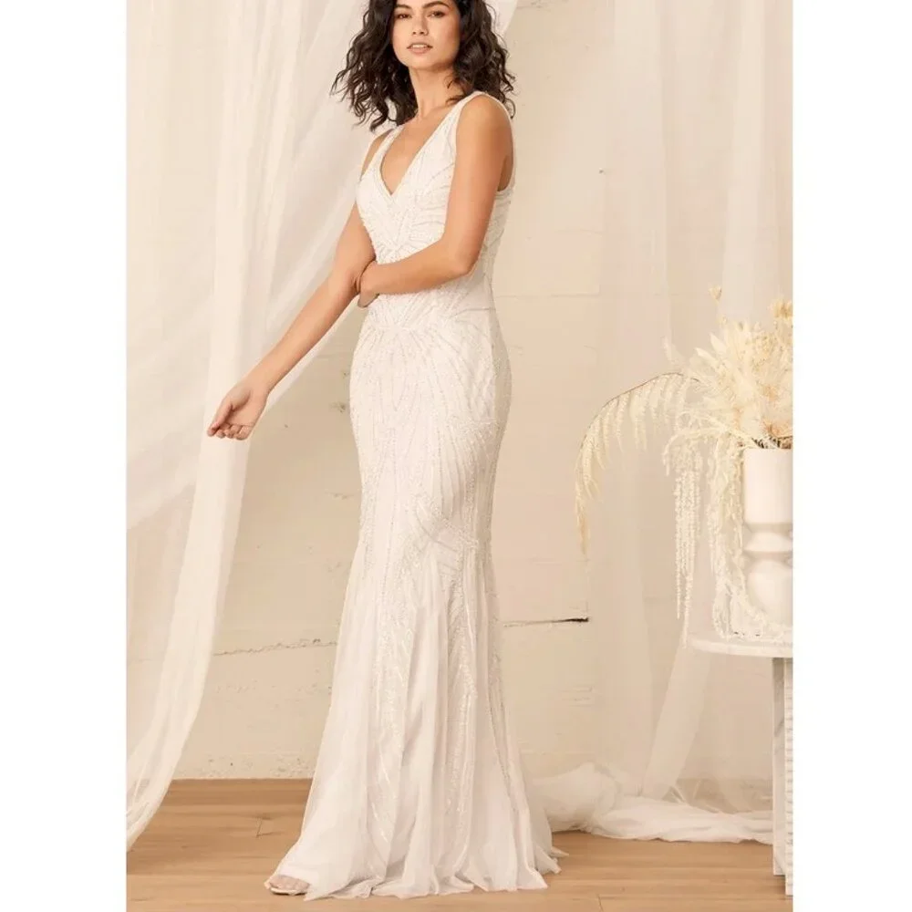 Lulu's White Beaded V-Neck Wedding Dress - Picture 6 of 10